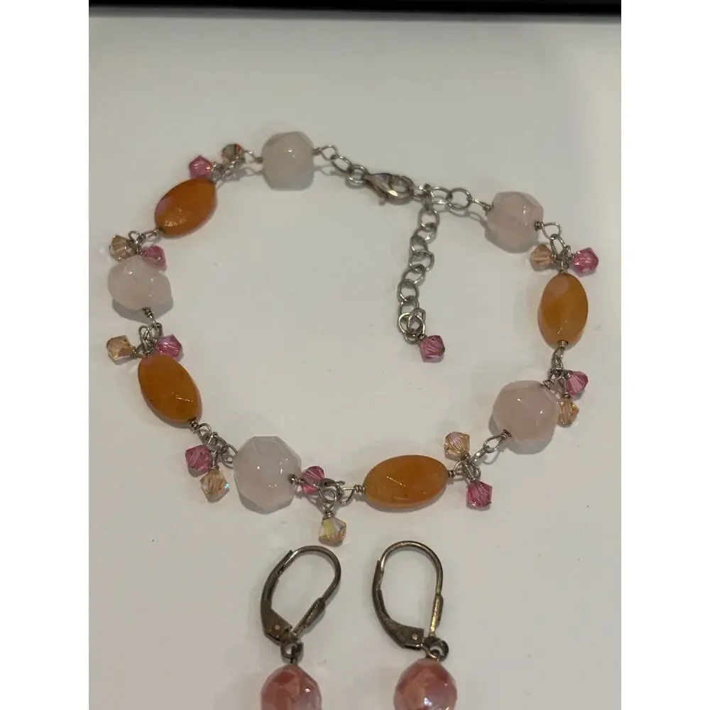 Sterling Silver, Quarts, Faceted Glass Beaded Bracelet Earrings Set